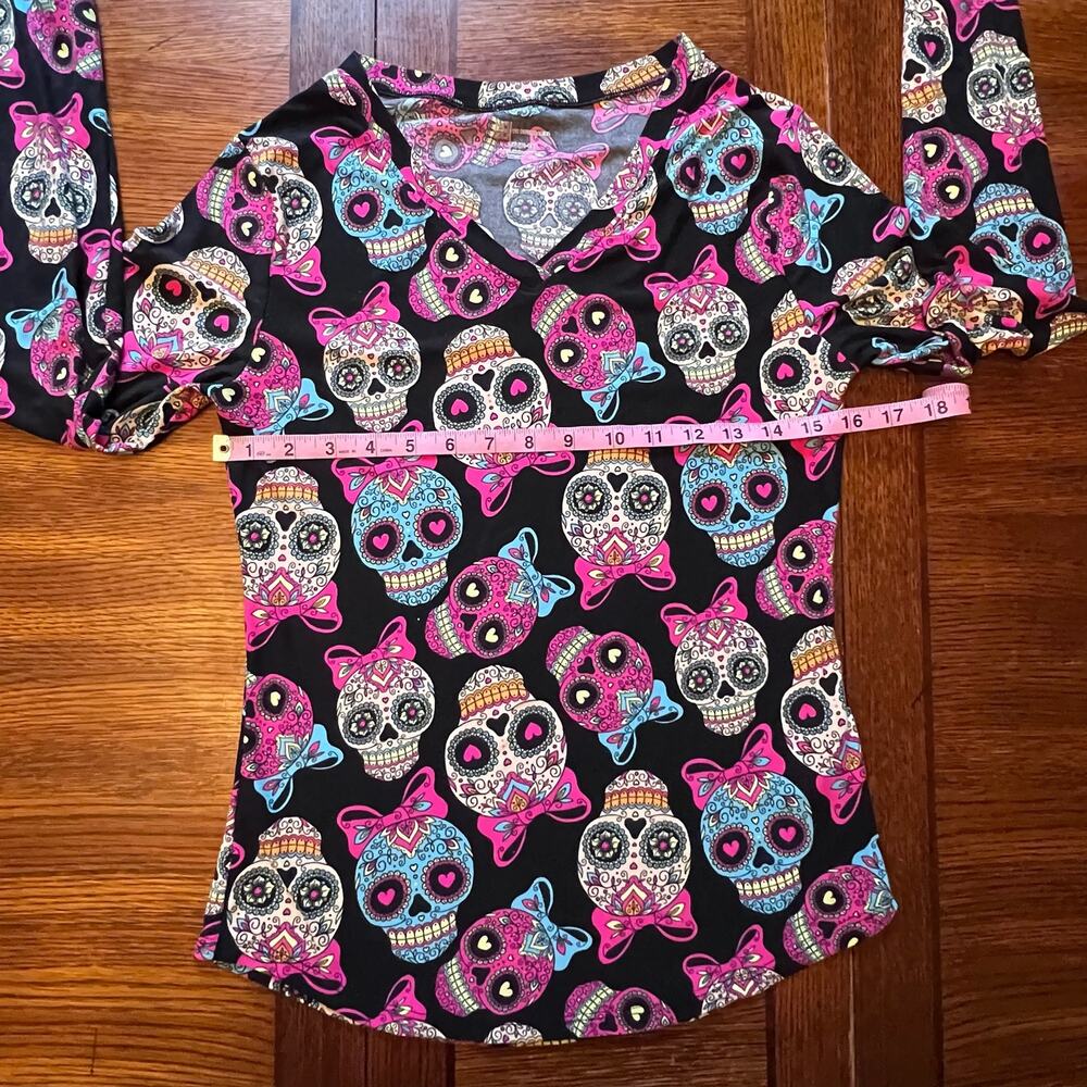 Women’s Junior Y2k Halloween Mexican Sugar Skull Colorful Super Soft Top Large - Picture 6 of 11